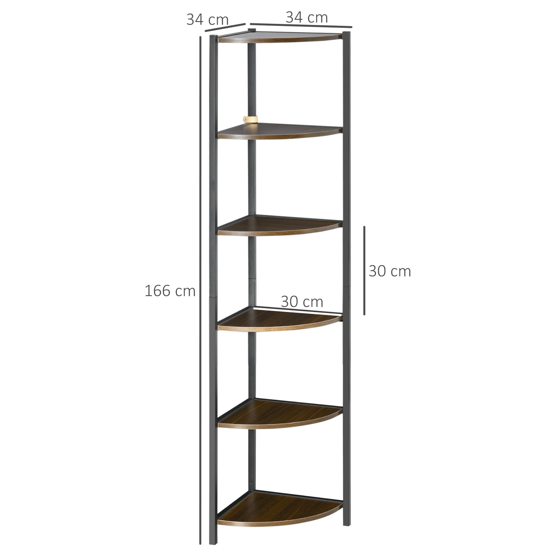 5-Tier Corner Shelf Industrial Style Metal Frame Corner Bookshelf - 34 x 34 x 166 cm Brown Black
