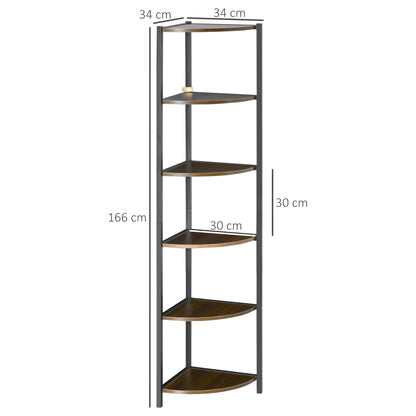 5-Tier Corner Shelf Industrial Style Metal Frame Corner Bookshelf - 34 x 34 x 166 cm Brown Black