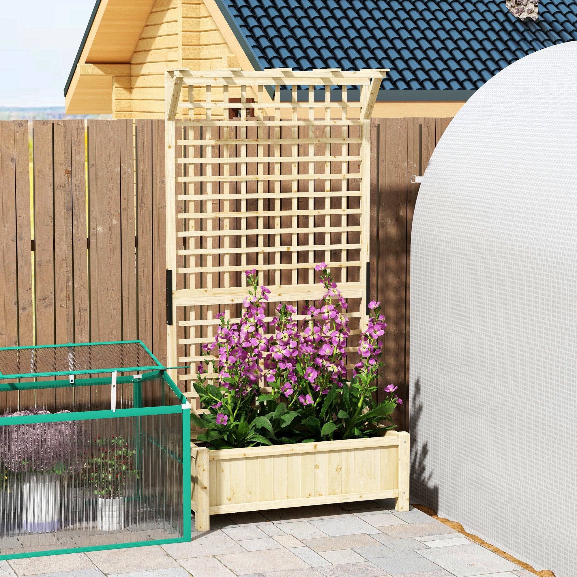 Raised Planter Box with Trellis & Roof, Wooden Garden Planter for Climbing Plants, 90 x 45 x 183 cm (35.4" x 17.7" x 72.0")