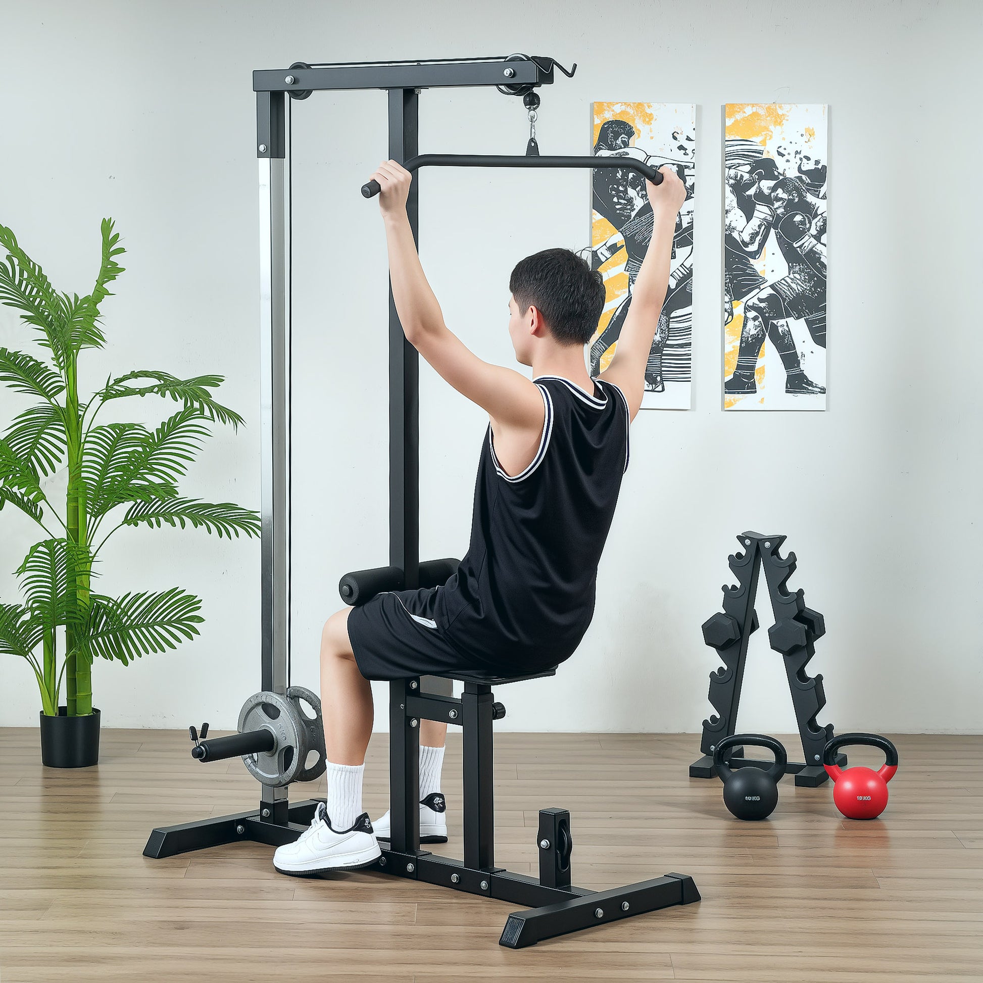 Lat Pulldown Station, Adjustable Cable Pulley Tower with Triceps Bar Lat Pulldown Bar, Cable Pulley Machine up to 280kg Capacity, Fitness Station, Lat Machine, Lat Pulldown Station for Home Steel Black