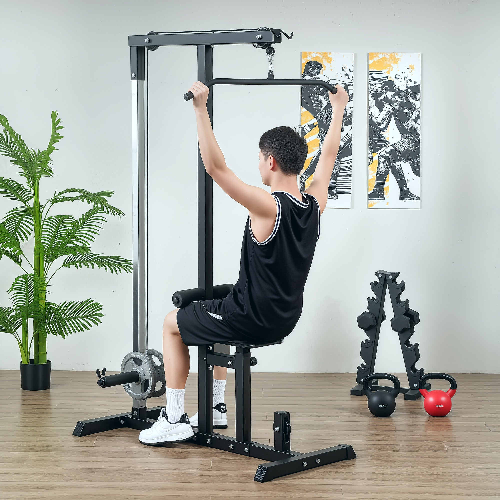 Lat Pulldown Station, Adjustable Cable Pulley Tower with Triceps Bar Lat Pulldown Bar, Cable Pulley Machine up to 280kg Capacity, Fitness Station, Lat Machine, Lat Pulldown Station for Home Steel Black
