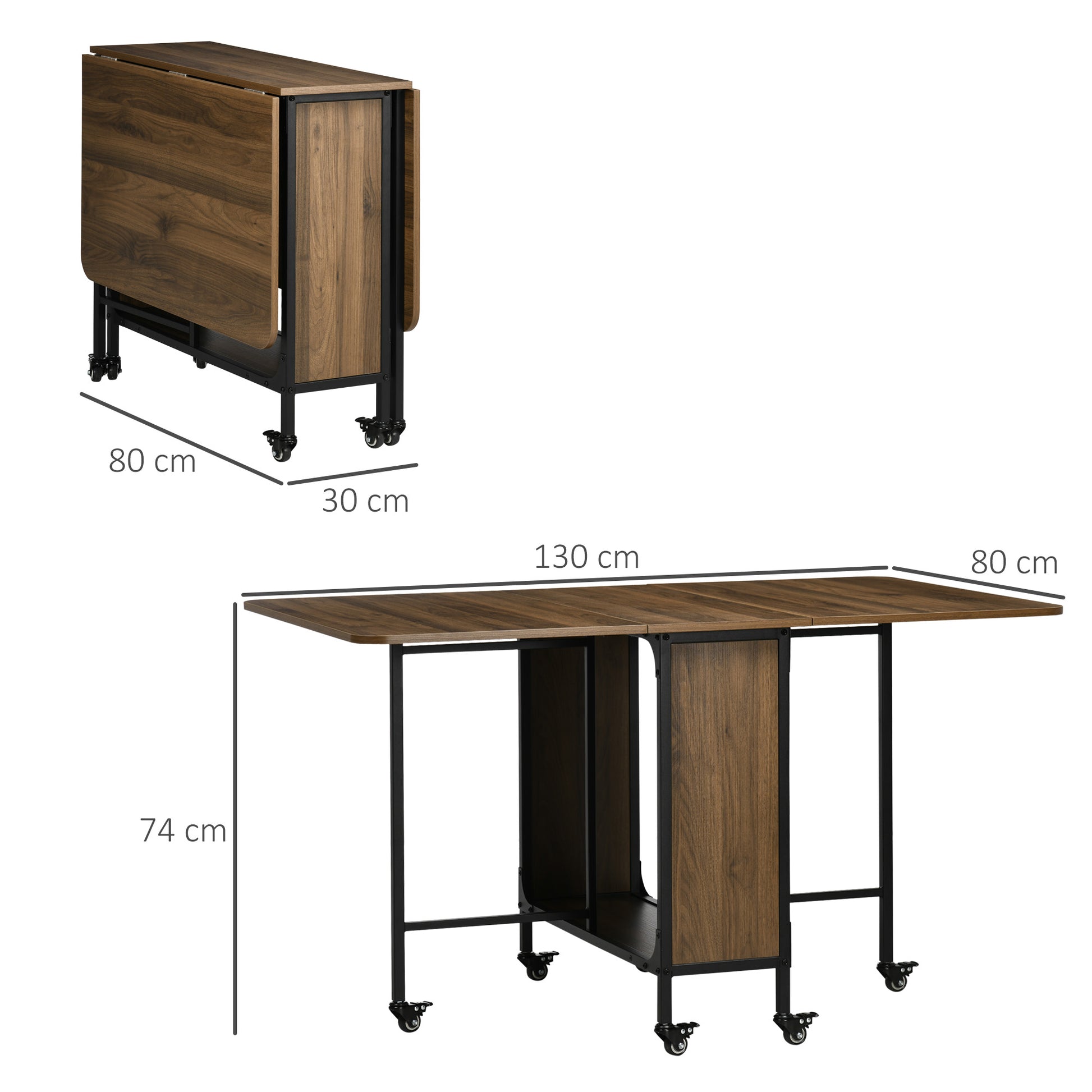 Folding Dining Table Mobile Folding Table with Open Shelf Dining Table Kitchen Table for Small Spaces, Kitchen, Dining Room 130 x 80 x 74 cm Brown