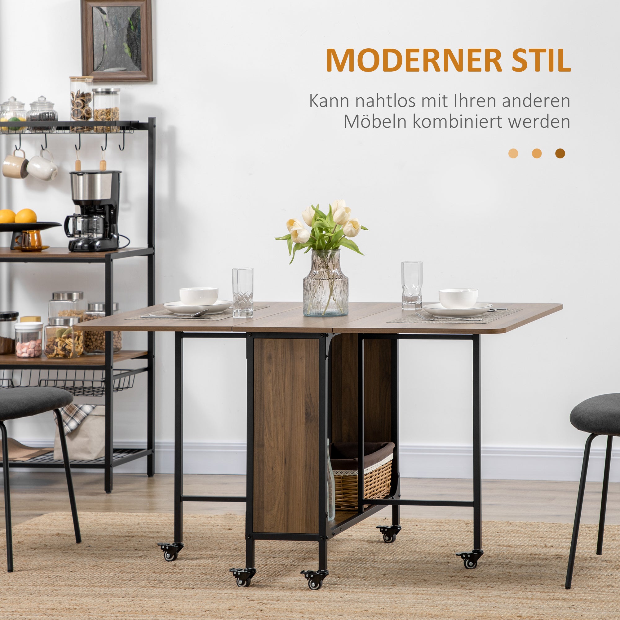 Folding Dining Table Mobile Folding Table with Open Shelf Dining Table Kitchen Table for Small Spaces, Kitchen, Dining Room 130 x 80 x 74 cm Brown