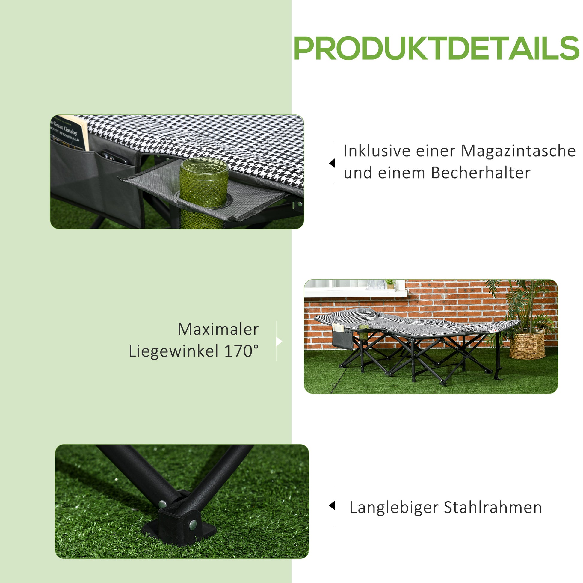 Camp Bed Camping Bed, Camping Lounger with Bag, Folding Bed with Cup Holder, for Pool, Balcony, up to 120 kg, Black, 68 x 186 x 48cm