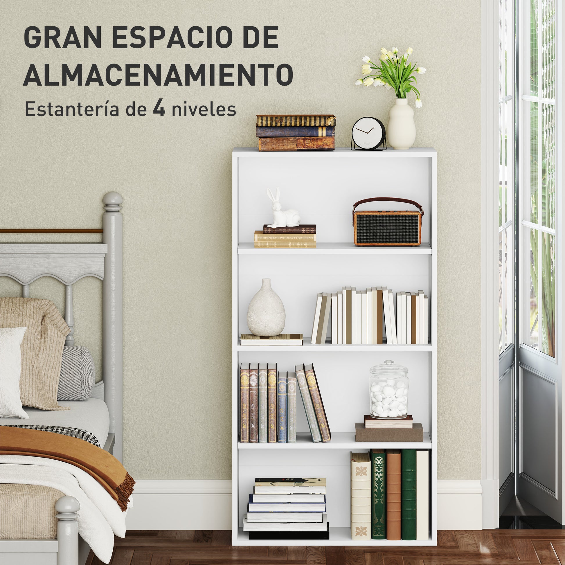 4-Tier Bookshelf with 2 Adjustable Shelves for Living Room Office Bedroom 60x24x115.5 cm White