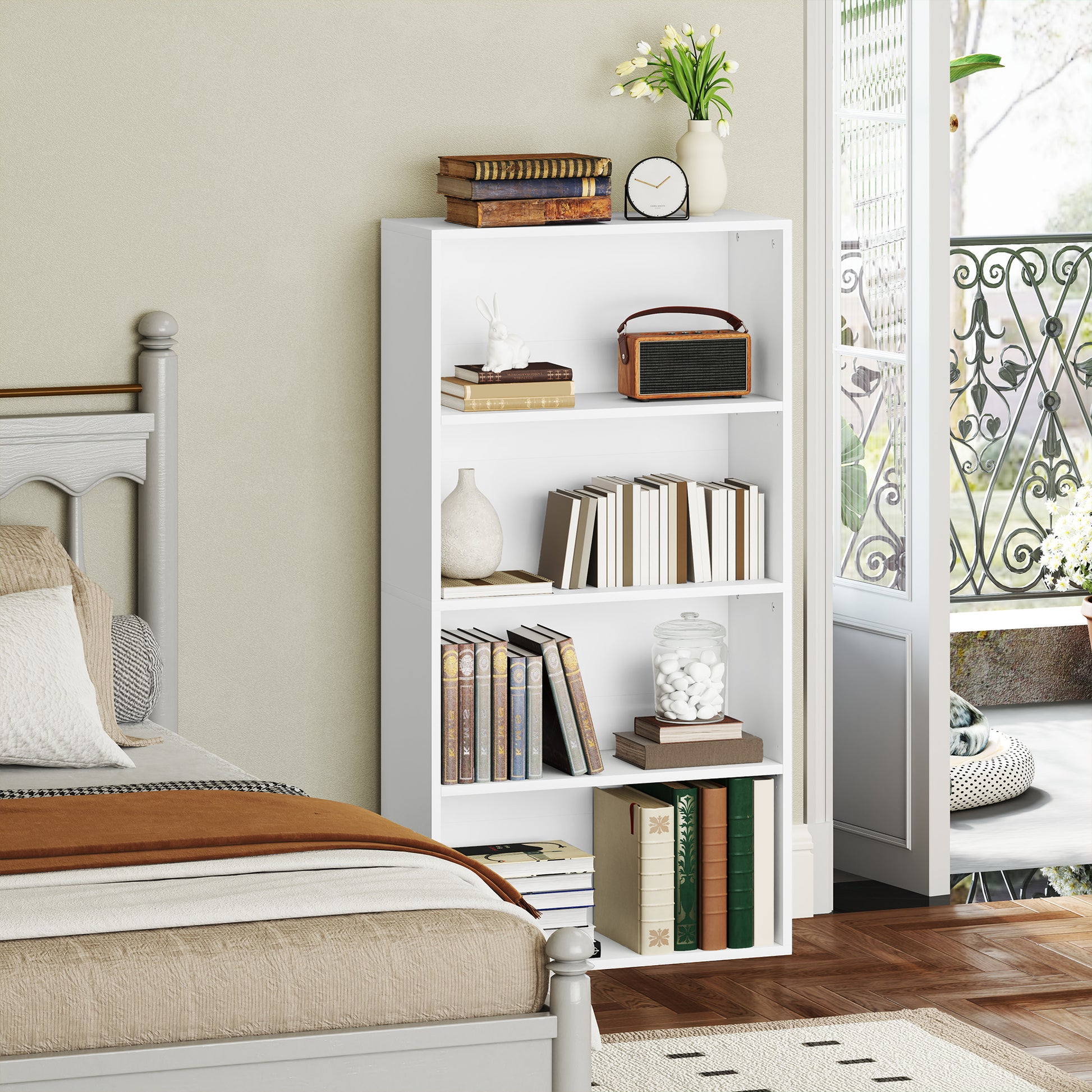 4-Tier Bookshelf with 2 Adjustable Shelves for Living Room Office Bedroom 60x24x115.5 cm White