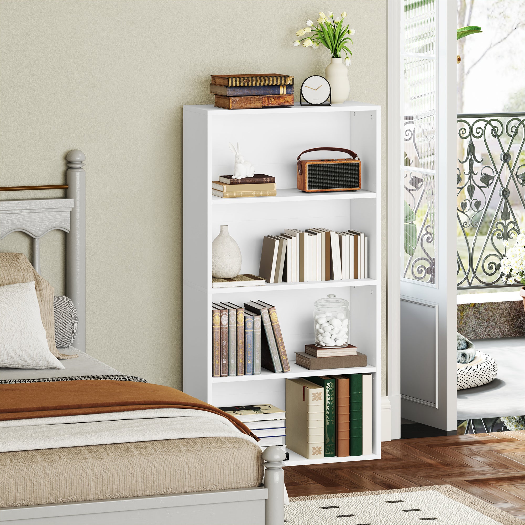4-Tier Bookshelf with 2 Adjustable Shelves for Living Room Office Bedroom 60x24x115.5 cm White