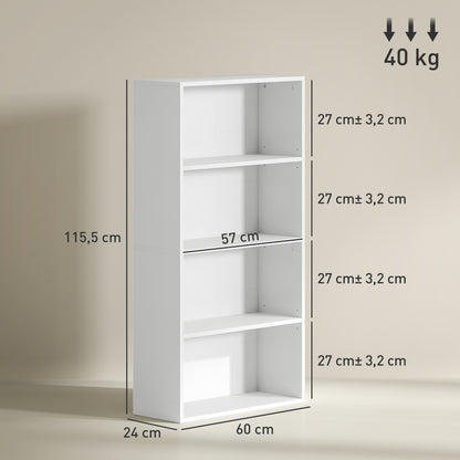 4-Tier Bookshelf with 2 Adjustable Shelves for Living Room Office Bedroom 60x24x115.5 cm White