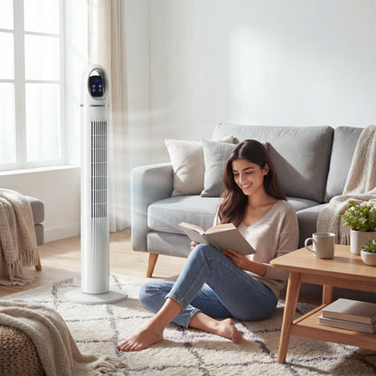 Tower Fan — Quiet Standing Fan with Remote, 3 Speeds & Modes, 24H Timer, 70° Oscillation, LED Display — White