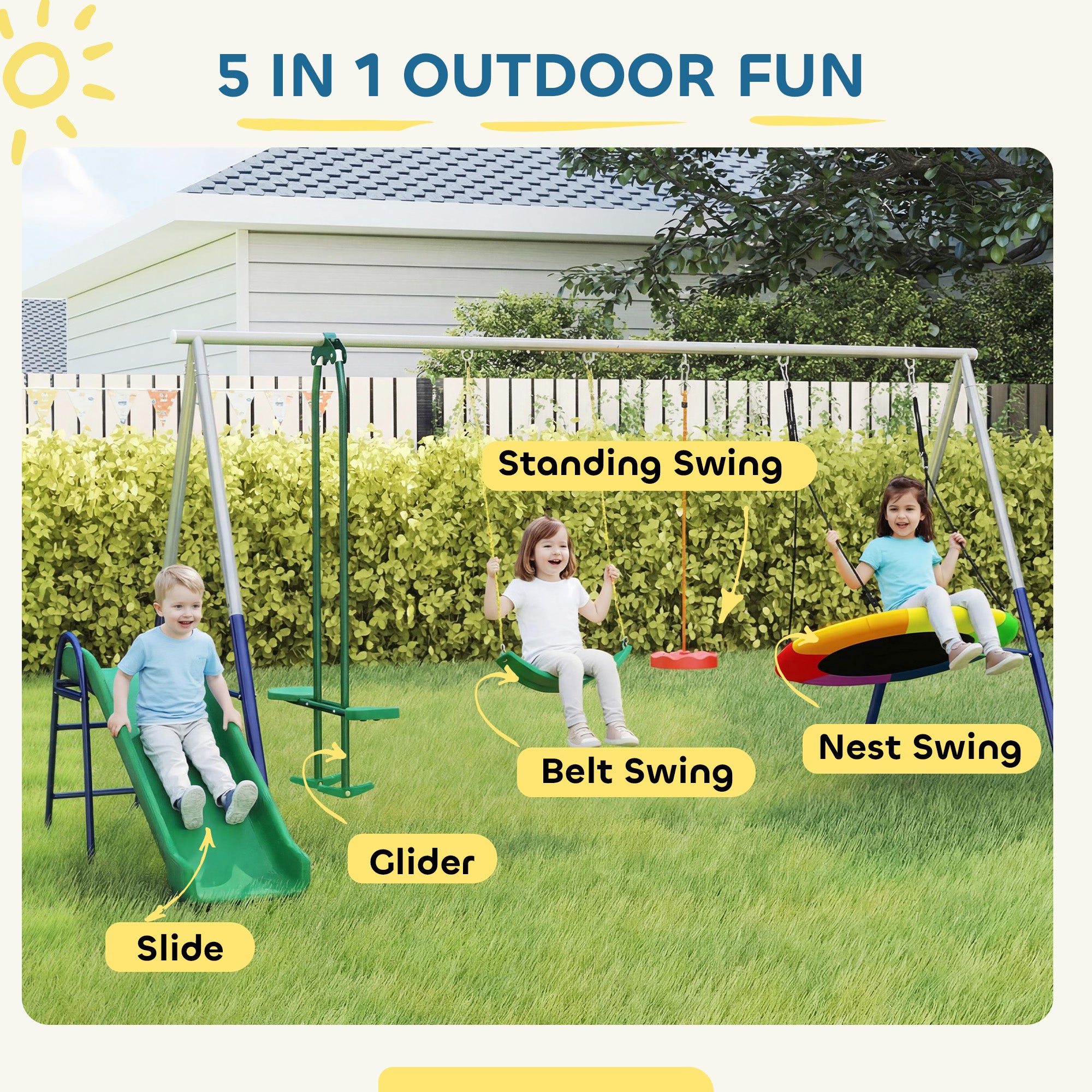 5-in-1 Kids Swing Set with Slide – Adjustable Seats, Nest & Strap Swings, Heavy-Duty A-Frame, Multicolor (For Ages 3–8)