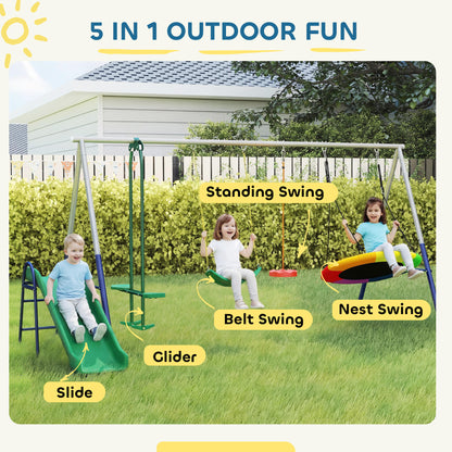 5-in-1 Kids Swing Set with Slide – Adjustable Seats, Nest & Strap Swings, Heavy-Duty A-Frame, Multicolor (For Ages 3–8)