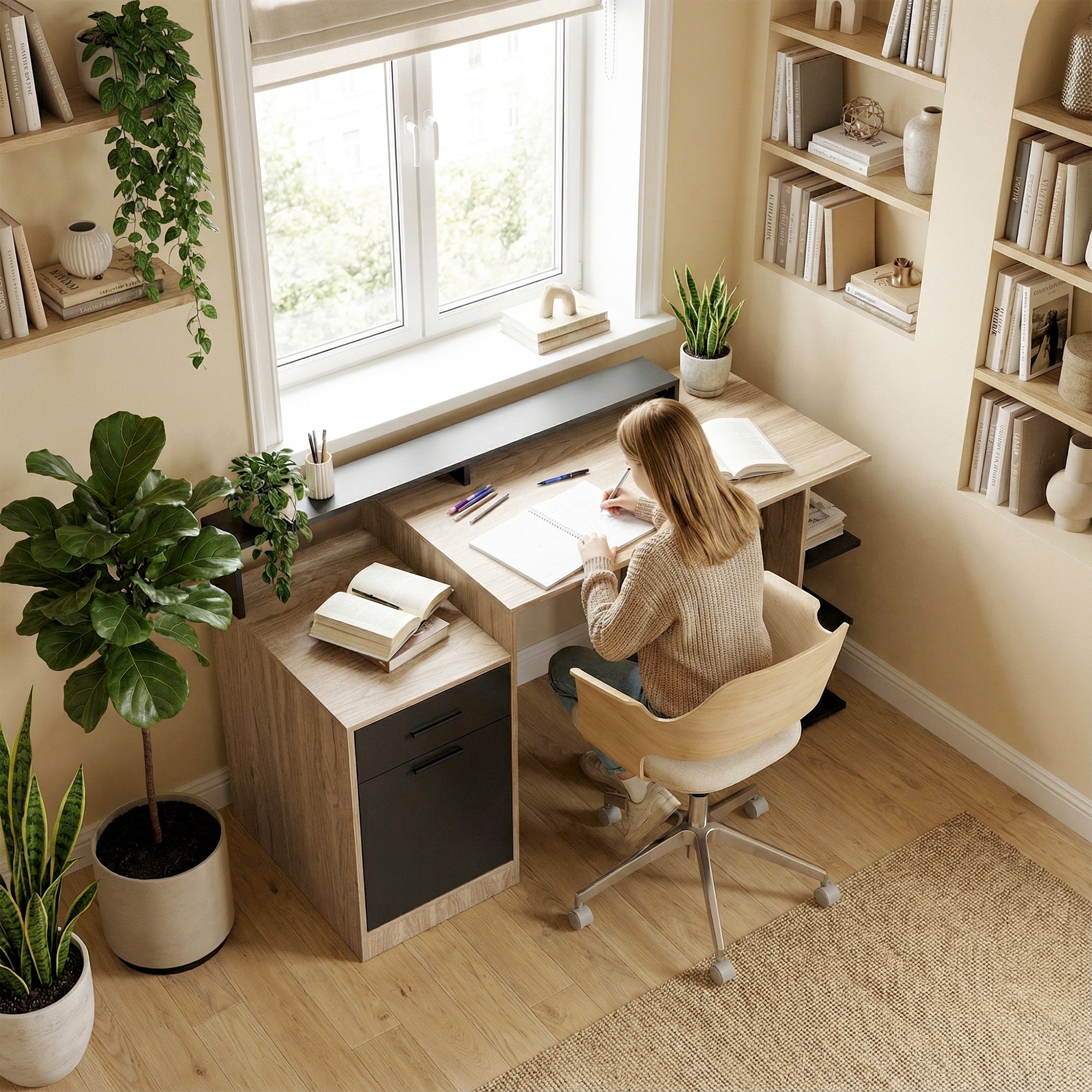 140x60 cm Computer Desk with Drawers, Headphone Hook, Cabinet & Shelves — Oak/Black