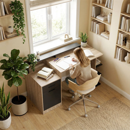 140x60 cm Computer Desk with Drawers, Headphone Hook, Cabinet & Shelves — Oak/Black
