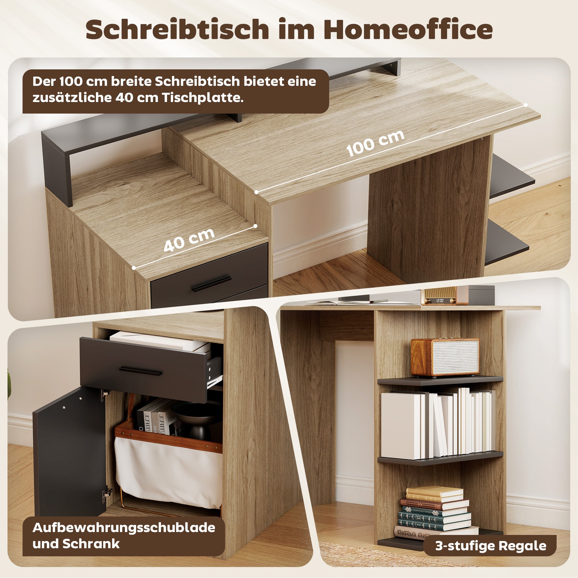 140x60 cm Computer Desk with Drawers, Headphone Hook, Cabinet & Shelves — Oak/Black