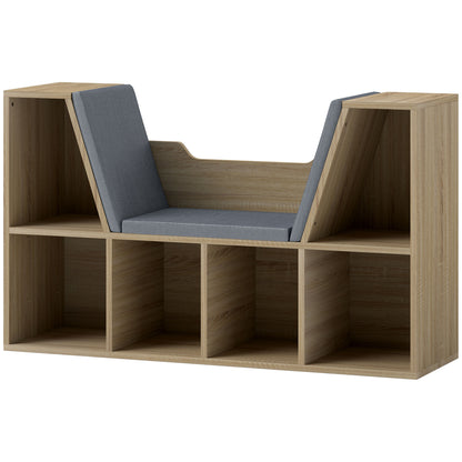 Contemporary Design 2-in-1 Bookshelf Bench with 6 Compartments and 3 Cushions Oak Grey 102L x 30W x 61H cm