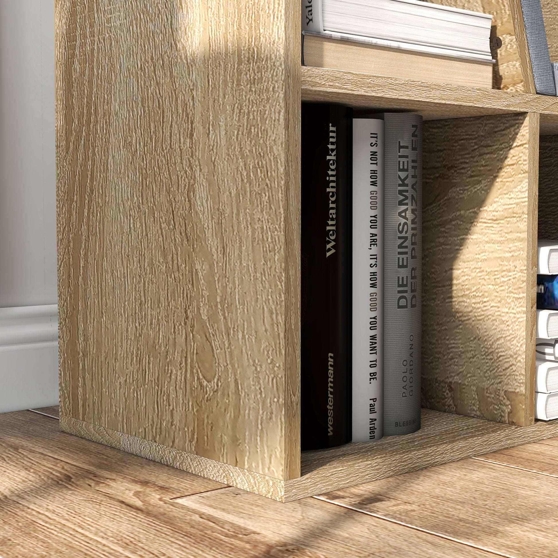 Contemporary Design 2-in-1 Bookshelf Bench with 6 Compartments and 3 Cushions Oak Grey 102L x 30W x 61H cm