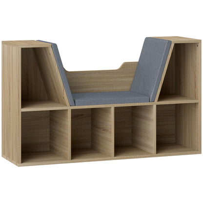 Contemporary Design 2-in-1 Bookshelf Bench with 6 Compartments and 3 Cushions Oak Grey 102L x 30W x 61H cm
