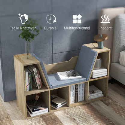 Contemporary Design 2-in-1 Bookshelf Bench with 6 Compartments and 3 Cushions Oak Grey 102L x 30W x 61H cm