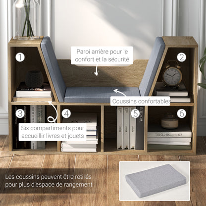 Contemporary Design 2-in-1 Bookshelf Bench with 6 Compartments and 3 Cushions Oak Grey 102L x 30W x 61H cm