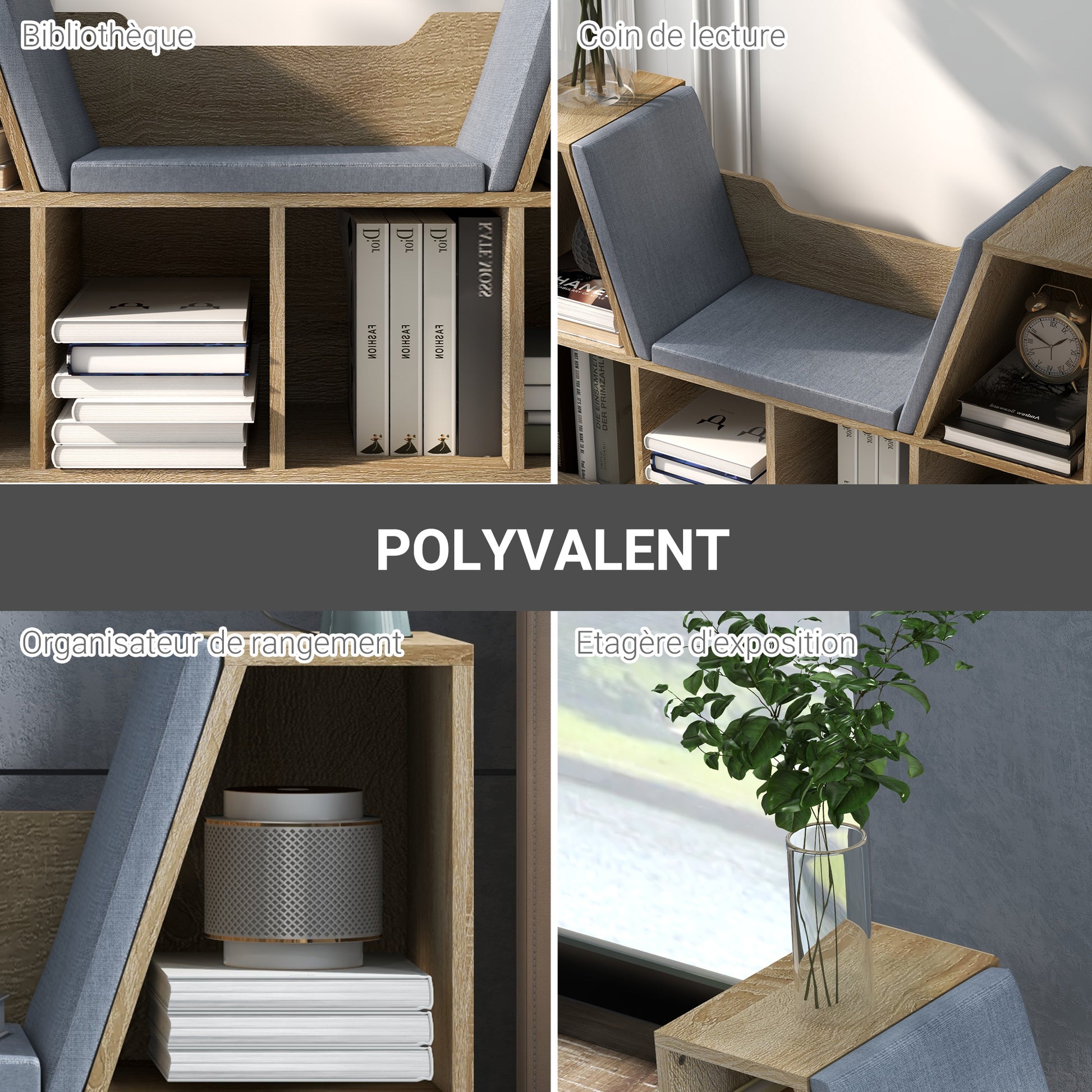 Contemporary Design 2-in-1 Bookshelf Bench with 6 Compartments and 3 Cushions Oak Grey 102L x 30W x 61H cm