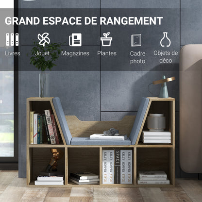 Contemporary Design 2-in-1 Bookshelf Bench with 6 Compartments and 3 Cushions Oak Grey 102L x 30W x 61H cm