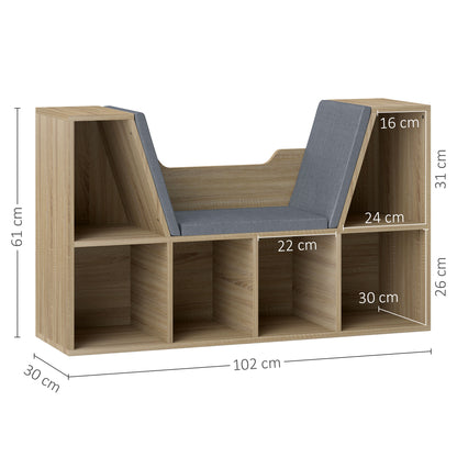 Contemporary Design 2-in-1 Bookshelf Bench with 6 Compartments and 3 Cushions Oak Grey 102L x 30W x 61H cm