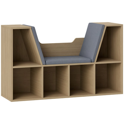Contemporary Design 2-in-1 Bookshelf Bench with 6 Compartments and 3 Cushions Oak Grey 102L x 30W x 61H cm
