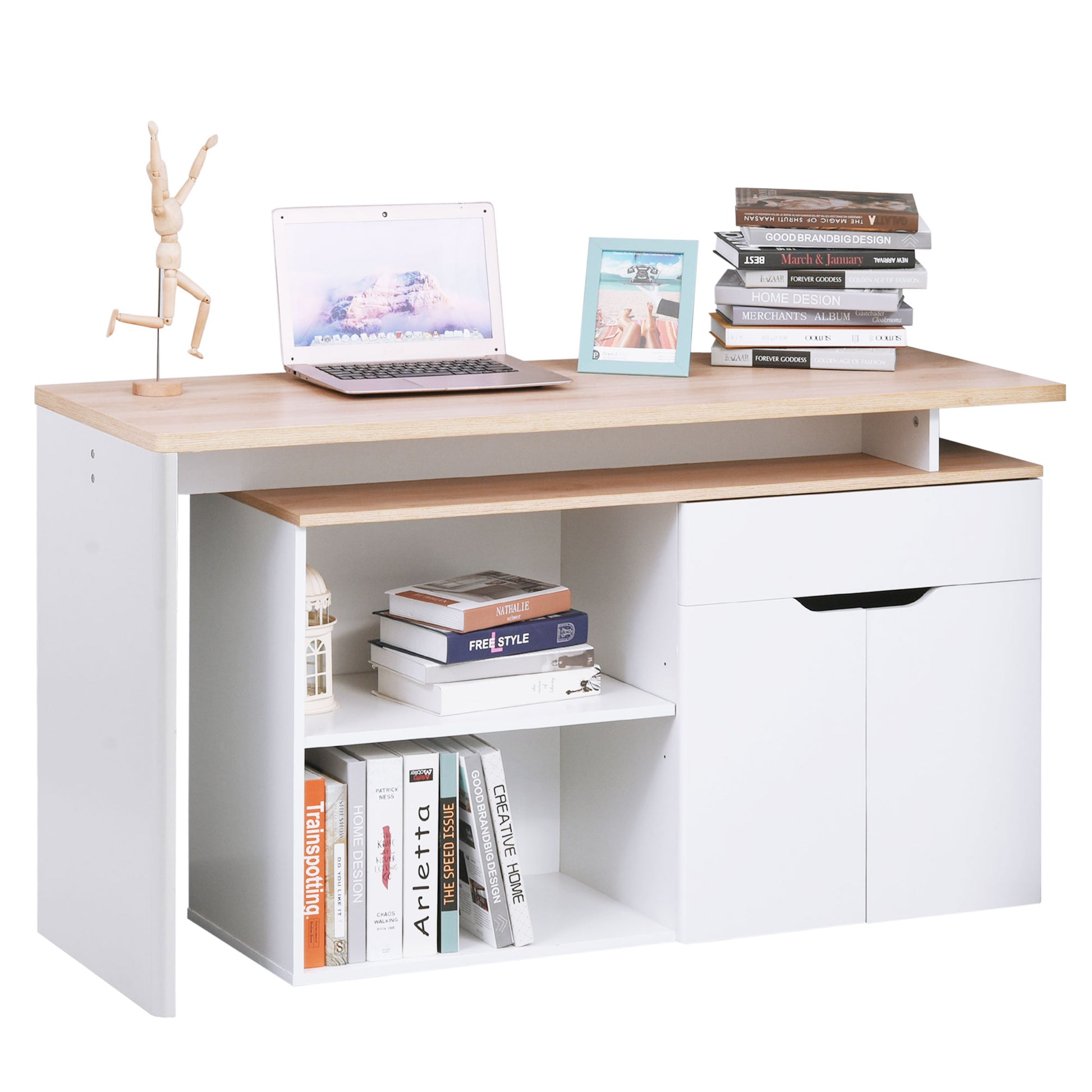 White Light Wood Computer Desk with Modular Multi-Storage Double Niche + Drawer and Cabinet