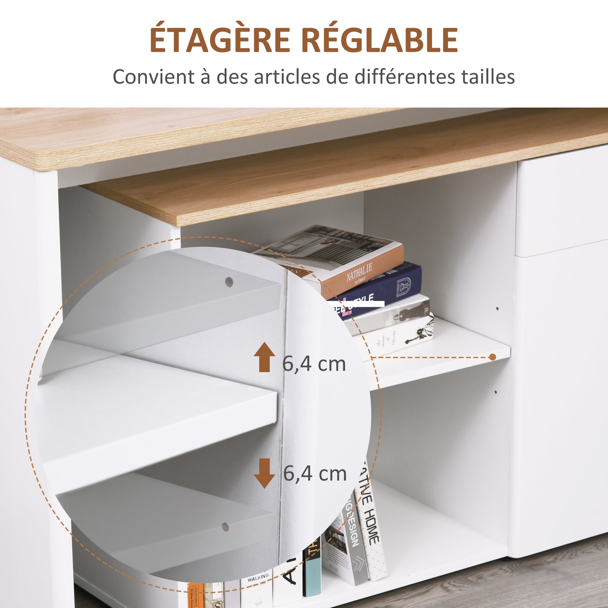 White Light Wood Computer Desk with Modular Multi-Storage Double Niche + Drawer and Cabinet