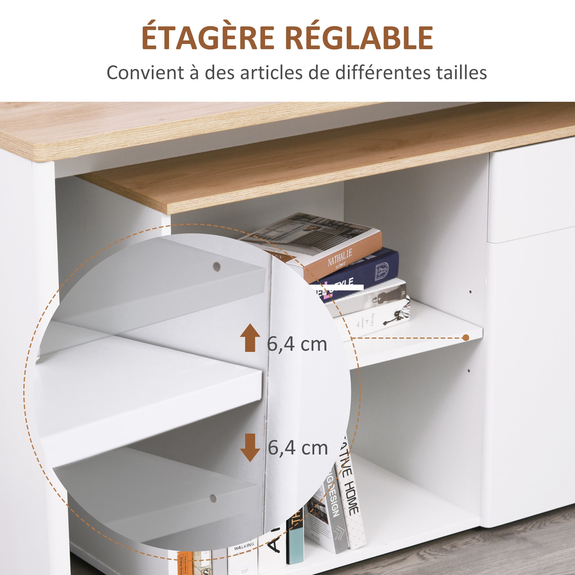 White Light Wood Computer Desk with Modular Multi-Storage Double Niche + Drawer and Cabinet