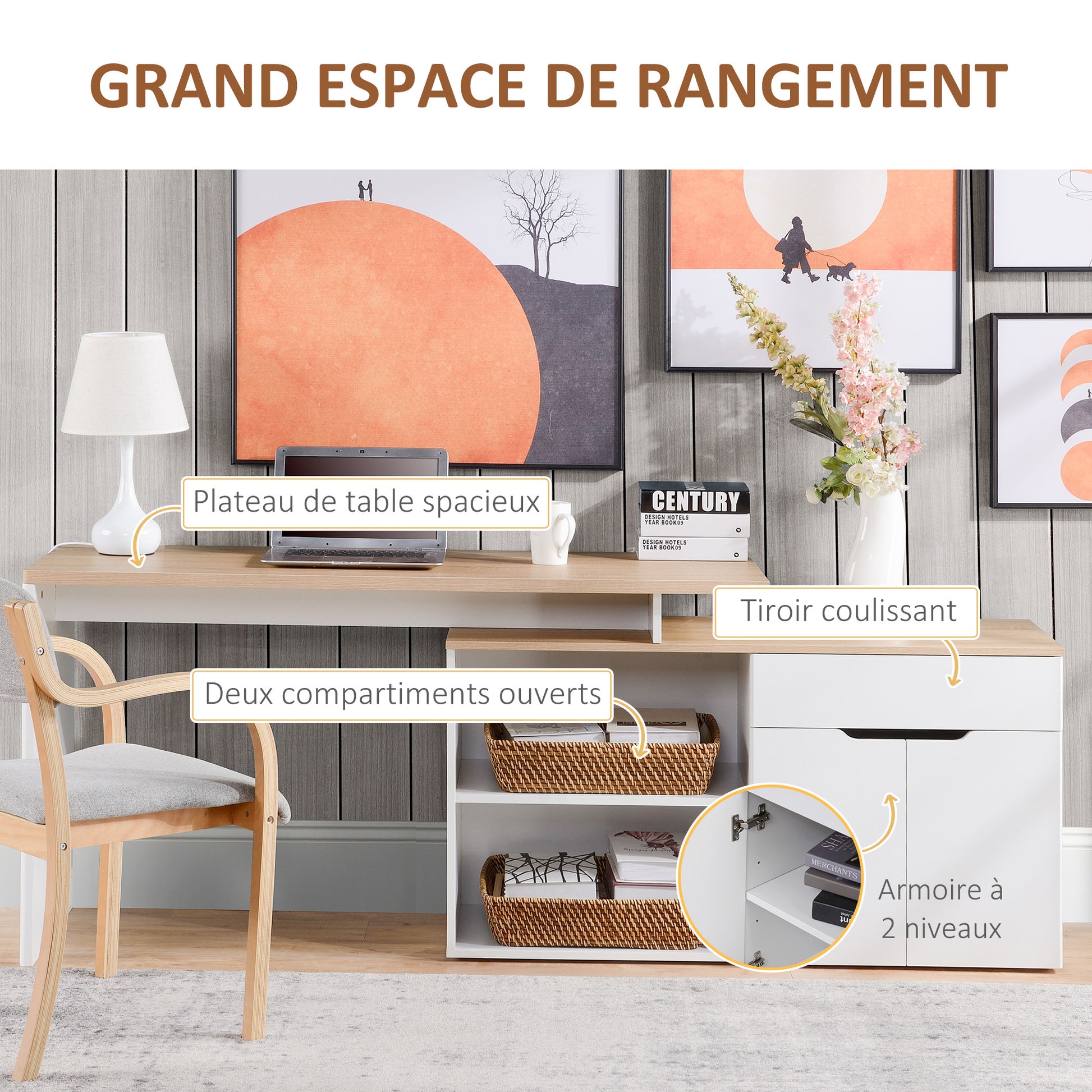 White Light Wood Computer Desk with Modular Multi-Storage Double Niche + Drawer and Cabinet