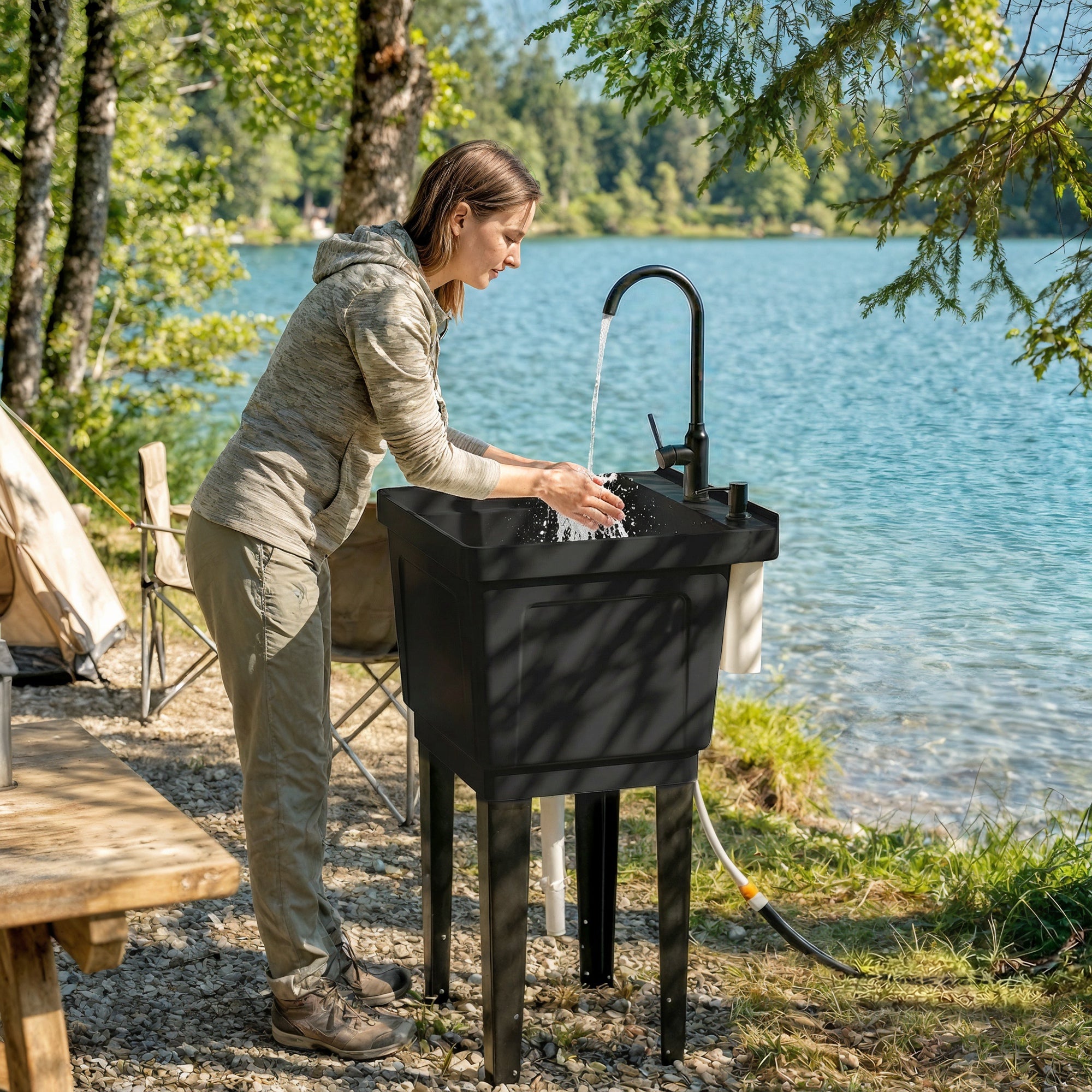 Portable Camping Sink with Faucet and 300 ml Soap Dispenser, Inlet & Drain Hoses — Mobile Outdoor Wash Station, Black