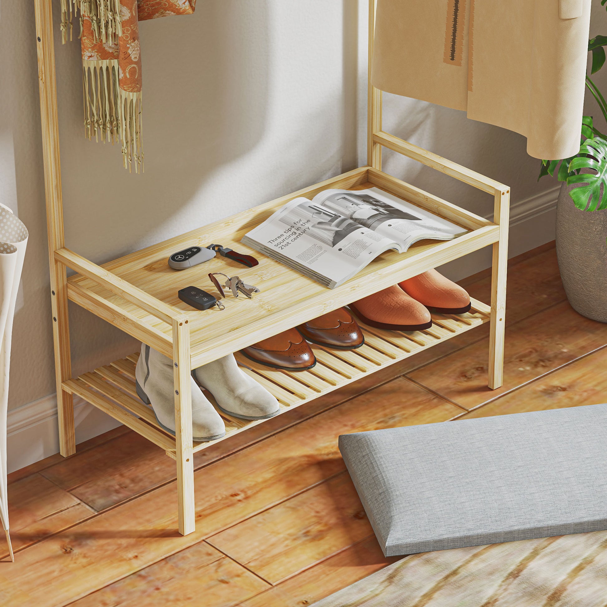 Coat Stand with Shoe Bench, Coat Rack with Hooks, Shoe Rack, Coat with Seat Cushion, Coat Stand for Entrance Area, Hallway, Bamboo, Natural