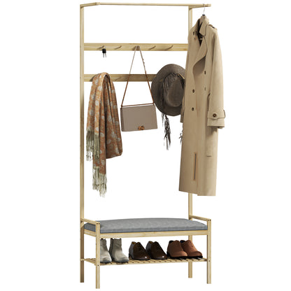 Coat Stand with Shoe Bench, Coat Rack with Hooks, Shoe Rack, Coat with Seat Cushion, Coat Stand for Entrance Area, Hallway, Bamboo, Natural