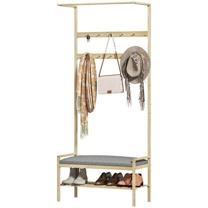 Coat Stand with Shoe Bench, Coat Rack with Hooks, Shoe Rack, Coat with Seat Cushion, Coat Stand for Entrance Area, Hallway, Bamboo, Natural