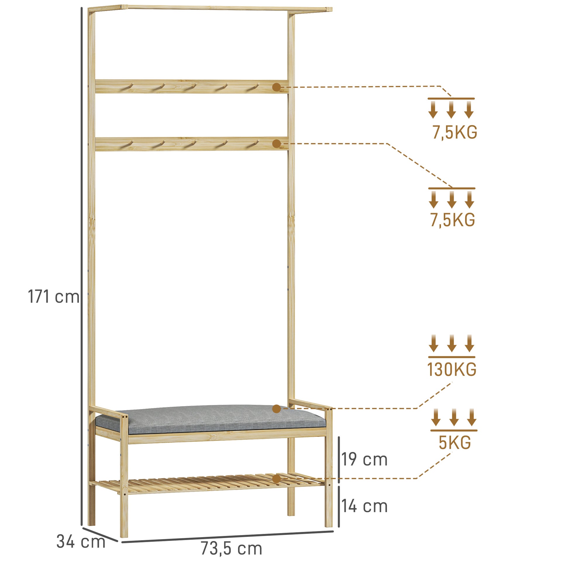Coat Stand with Shoe Bench, Coat Rack with Hooks, Shoe Rack, Coat with Seat Cushion, Coat Stand for Entrance Area, Hallway, Bamboo, Natural