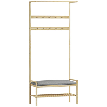 Coat Stand with Shoe Bench, Coat Rack with Hooks, Shoe Rack, Coat with Seat Cushion, Coat Stand for Entrance Area, Hallway, Bamboo, Natural