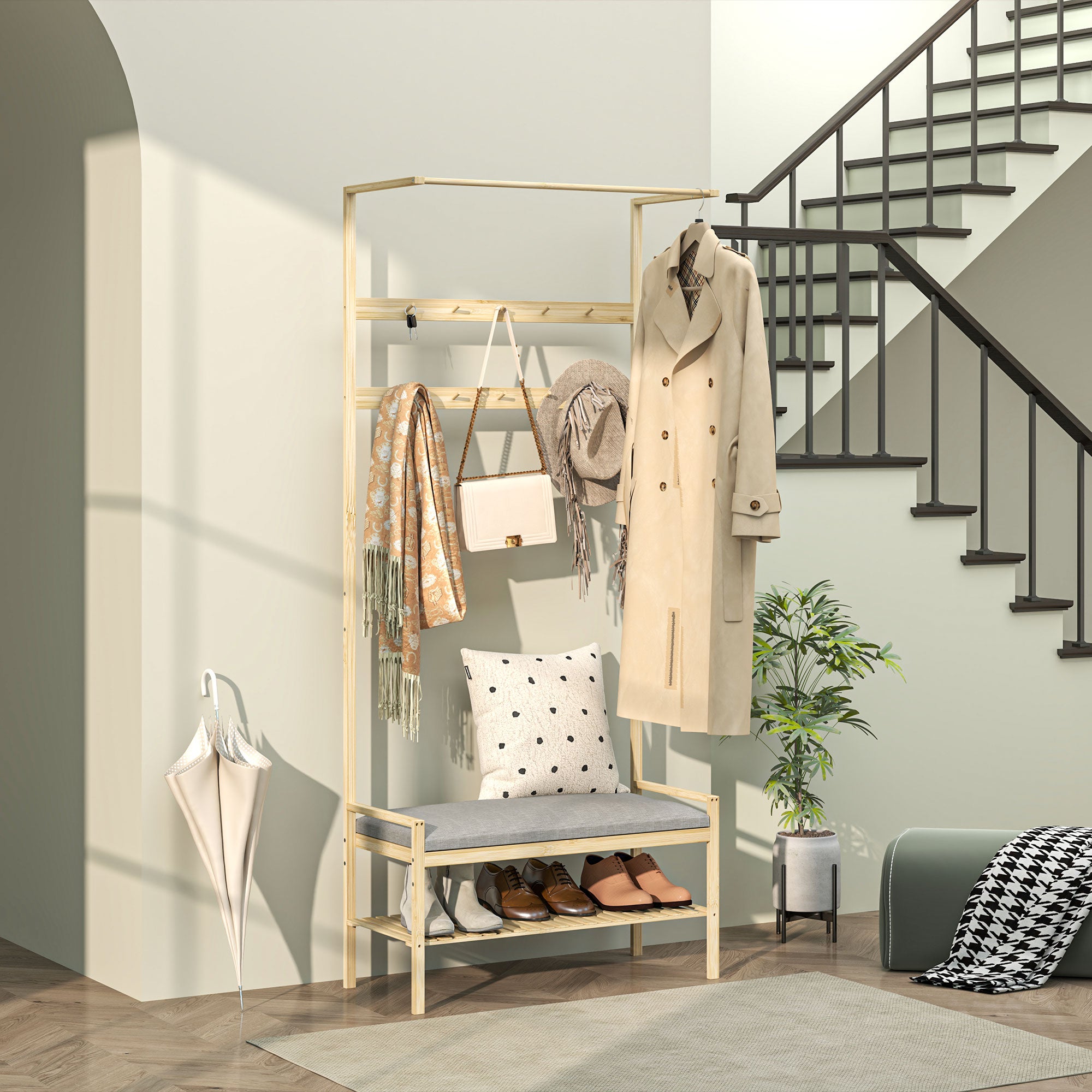 Coat Stand with Shoe Bench, Coat Rack with Hooks, Shoe Rack, Coat with Seat Cushion, Coat Stand for Entrance Area, Hallway, Bamboo, Natural