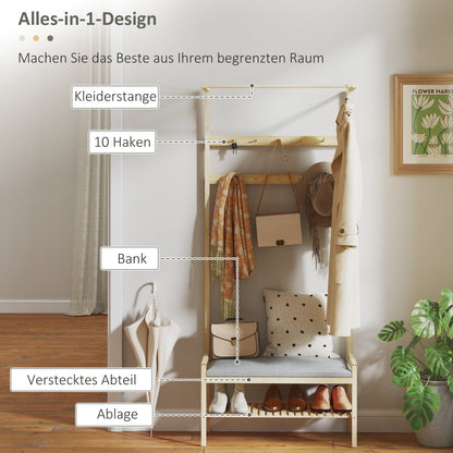 Coat Stand with Shoe Bench, Coat Rack with Hooks, Shoe Rack, Coat with Seat Cushion, Coat Stand for Entrance Area, Hallway, Bamboo, Natural