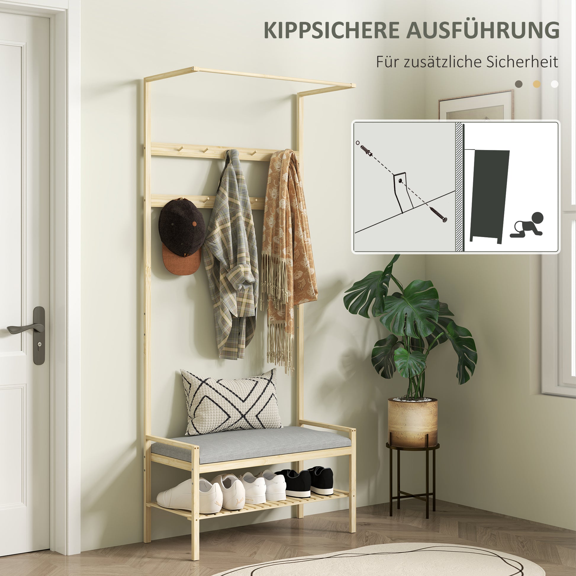 Coat Stand with Shoe Bench, Coat Rack with Hooks, Shoe Rack, Coat with Seat Cushion, Coat Stand for Entrance Area, Hallway, Bamboo, Natural