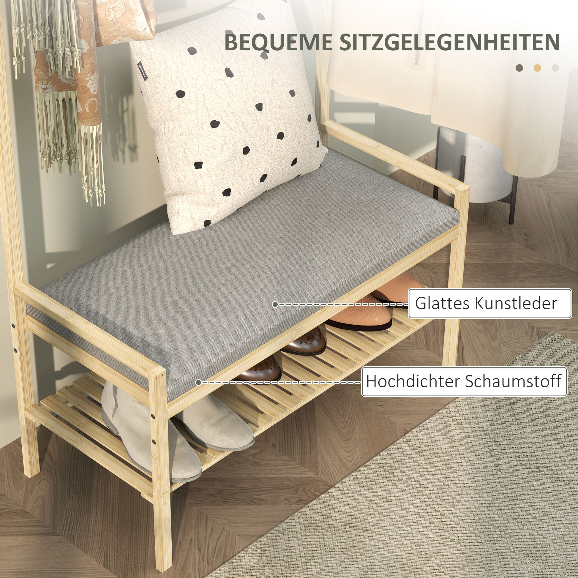 Coat Stand with Shoe Bench, Coat Rack with Hooks, Shoe Rack, Coat with Seat Cushion, Coat Stand for Entrance Area, Hallway, Bamboo, Natural