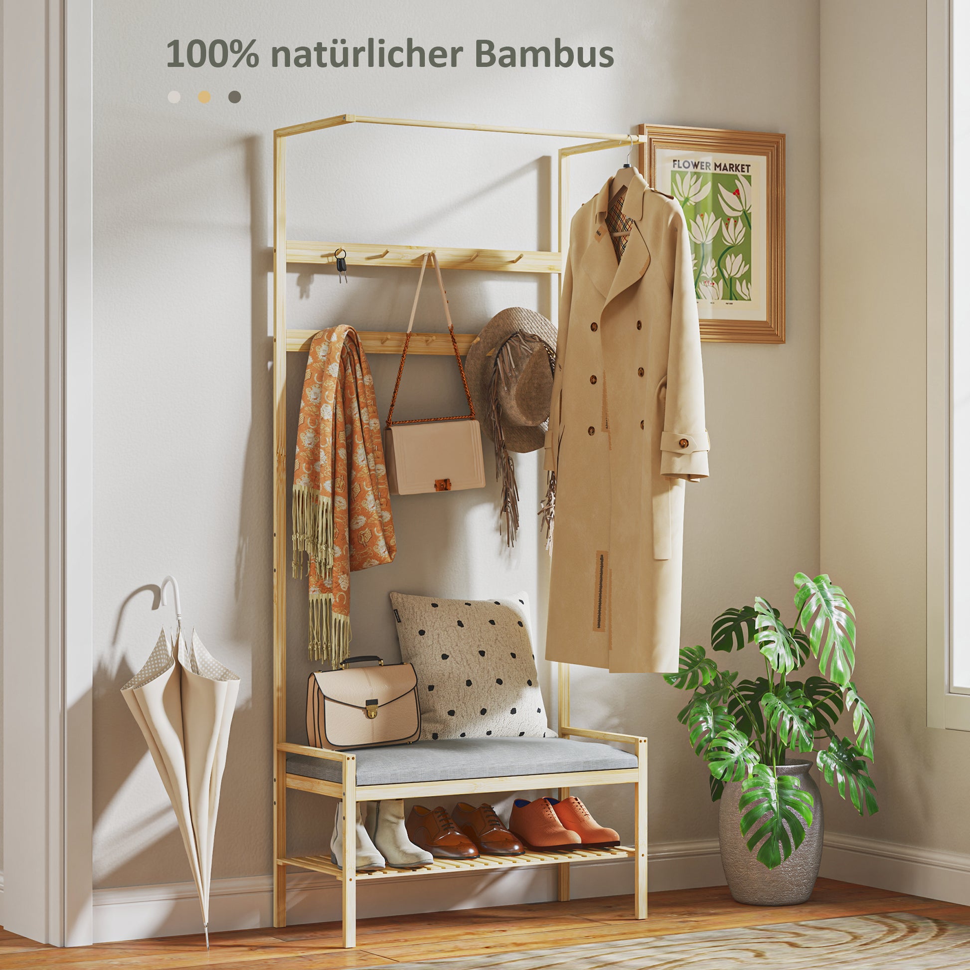 Coat Stand with Shoe Bench, Coat Rack with Hooks, Shoe Rack, Coat with Seat Cushion, Coat Stand for Entrance Area, Hallway, Bamboo, Natural