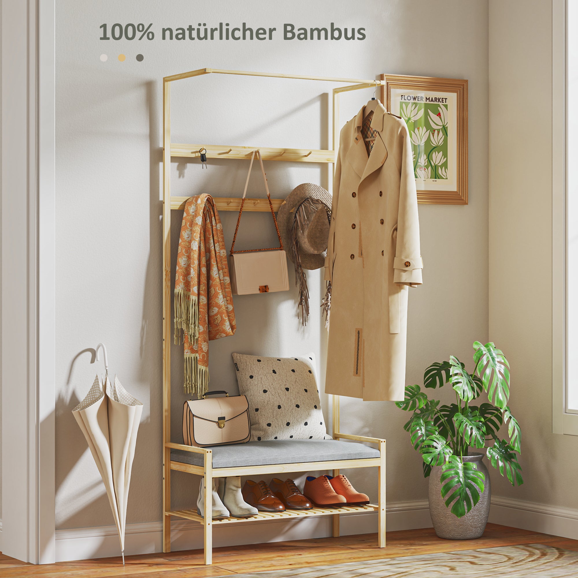 Coat Stand with Shoe Bench, Coat Rack with Hooks, Shoe Rack, Coat with Seat Cushion, Coat Stand for Entrance Area, Hallway, Bamboo, Natural