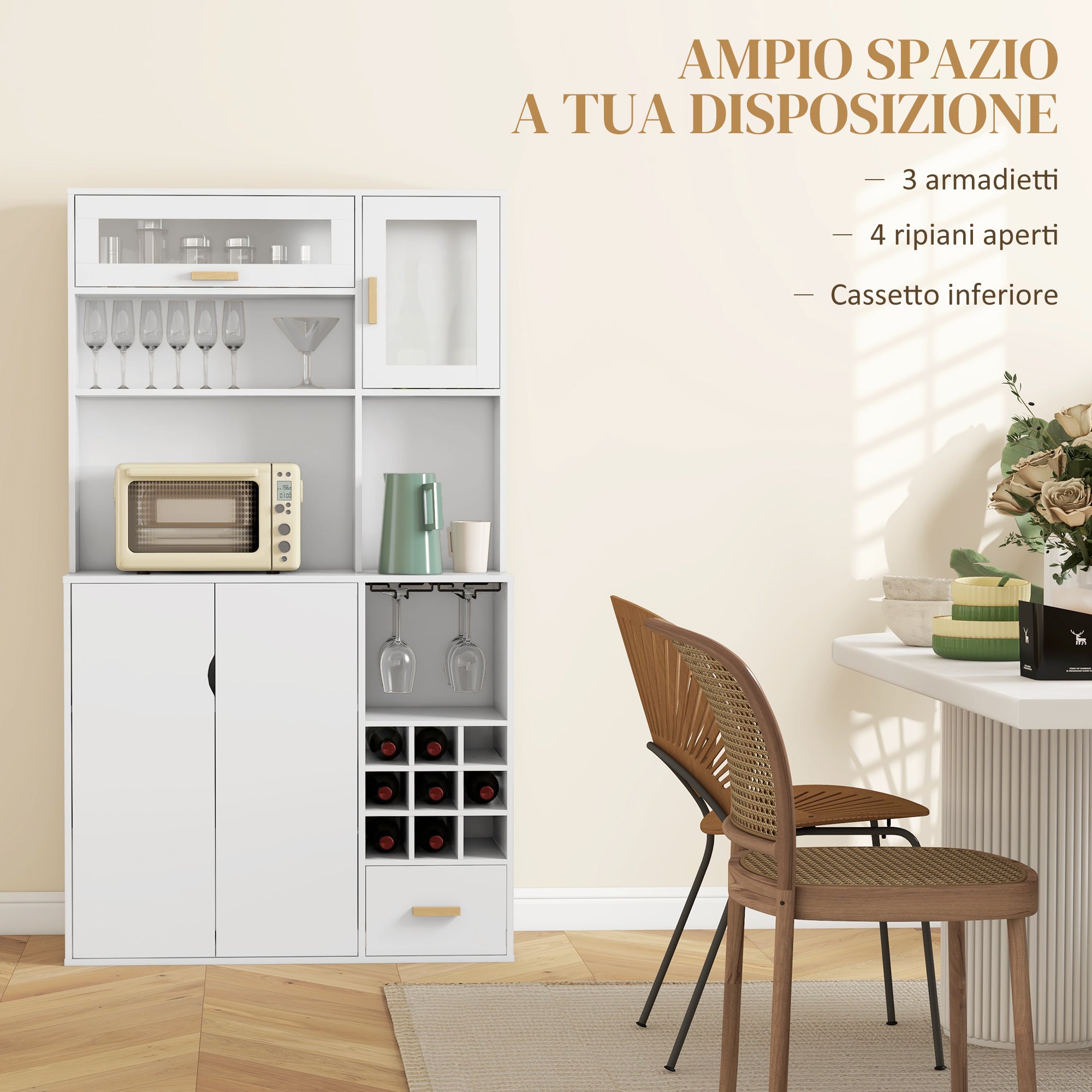Tall Pantry Cabinet with Wine Rack, 3 Cabinets, 4 Shelves, and Drawer, Modern Pantry in Chipboard and Pine Wood, 100x38x172 cm, White
