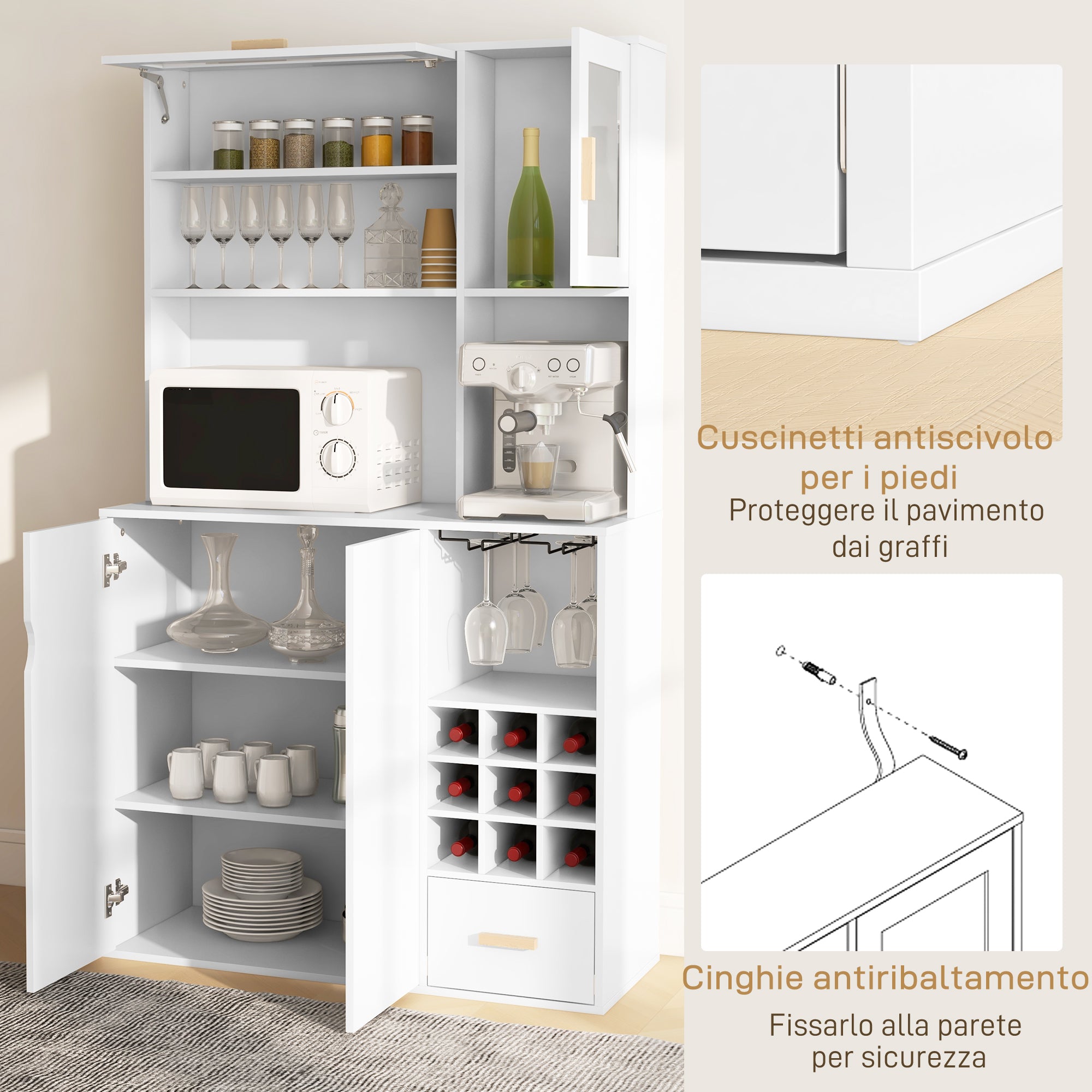 Tall Pantry Cabinet with Wine Rack, 3 Cabinets, 4 Shelves, and Drawer, Modern Pantry in Chipboard and Pine Wood, 100x38x172 cm, White