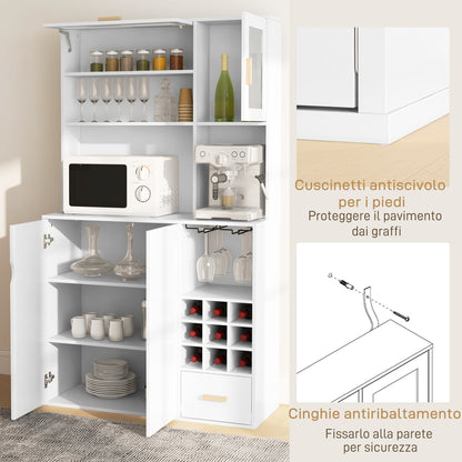 Tall Pantry Cabinet with Wine Rack, 3 Cabinets, 4 Shelves, and Drawer, Modern Pantry in Chipboard and Pine Wood, 100x38x172 cm, White