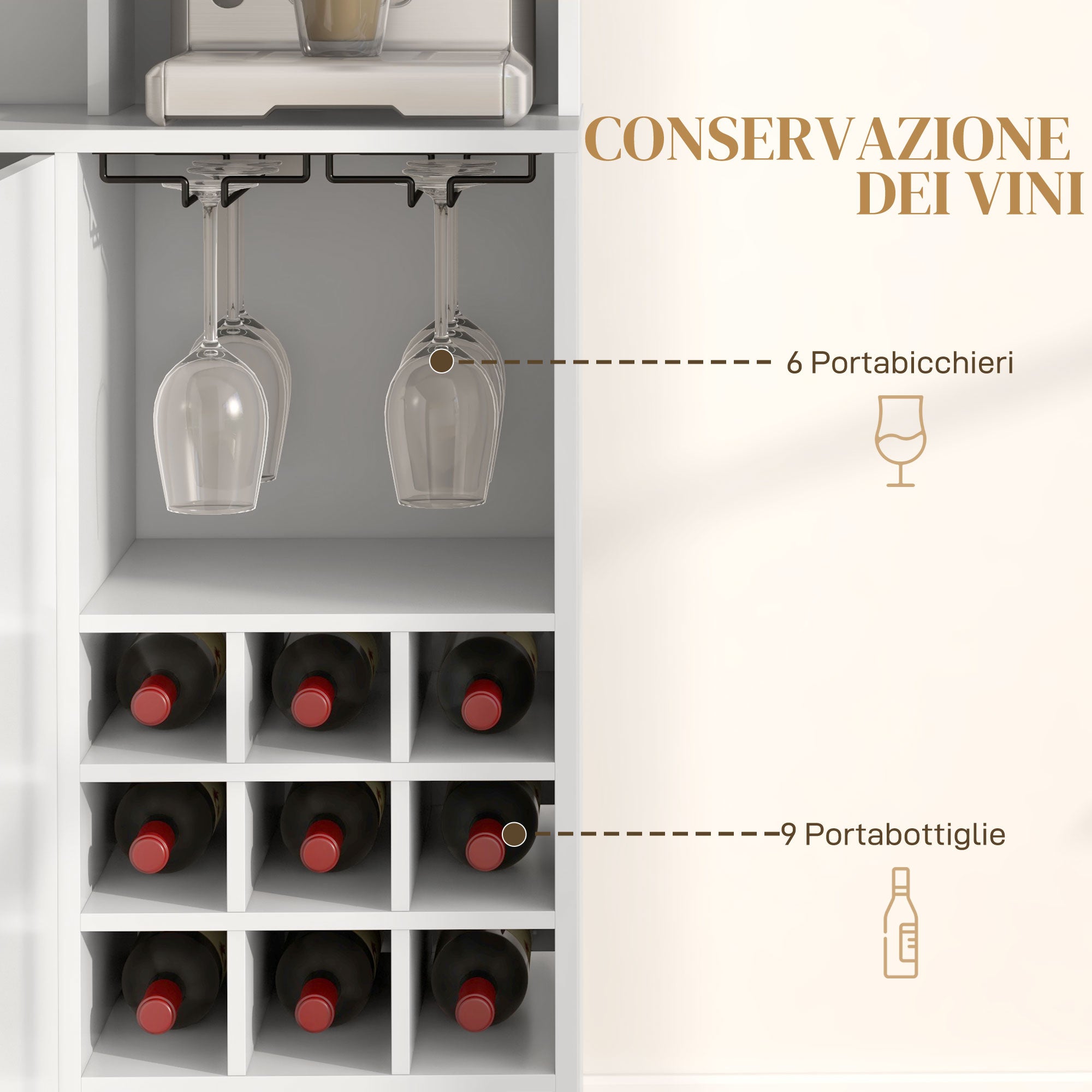 Tall Pantry Cabinet with Wine Rack, 3 Cabinets, 4 Shelves, and Drawer, Modern Pantry in Chipboard and Pine Wood, 100x38x172 cm, White