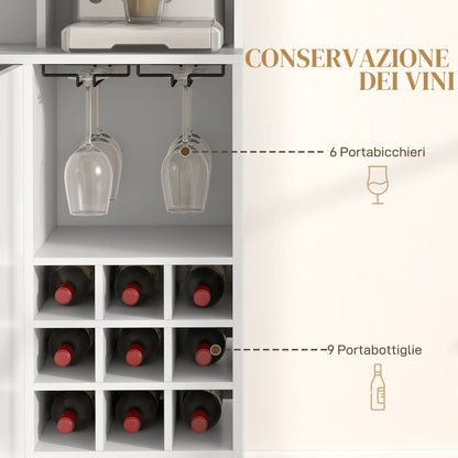 Tall Pantry Cabinet with Wine Rack, 3 Cabinets, 4 Shelves, and Drawer, Modern Pantry in Chipboard and Pine Wood, 100x38x172 cm, White