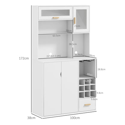 Tall Pantry Cabinet with Wine Rack, 3 Cabinets, 4 Shelves, and Drawer, Modern Pantry in Chipboard and Pine Wood, 100x38x172 cm, White