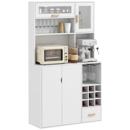 Tall Pantry Cabinet with Wine Rack, 3 Cabinets, 4 Shelves, and Drawer, Modern Pantry in Chipboard and Pine Wood, 100x38x172 cm, White